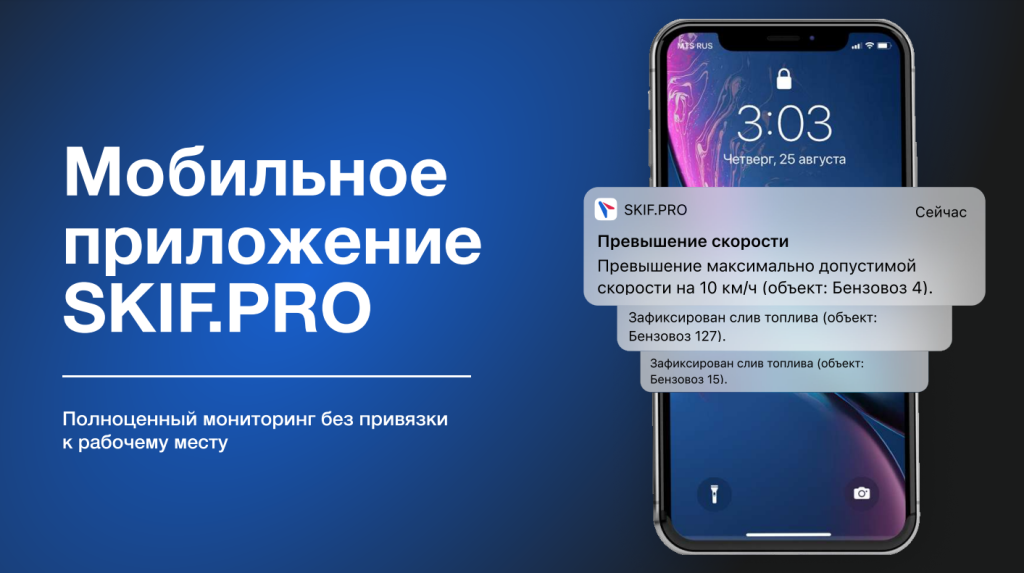 Рекламное изображение мобильного приложения SKIF.PRO с примером уведомлений о событиях, таких как превышение скорости и слив топлива, отображаемых на экране смартфона. Текст слева подчеркивает возможности полноценного мониторинга без привязки к рабочему месту.